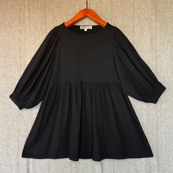 AUDREY 3+1 Black 100% Cotton 1/2 Ballon Puff Sleeves Babydoll Mini Dress Size L